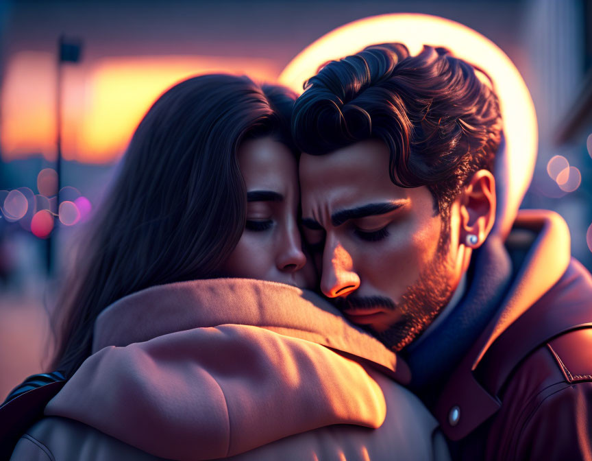 Close-Up Embrace in Digital Illustration with Bokeh-Lit City Background