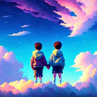 Animated characters holding hands under vibrant pink and blue sky