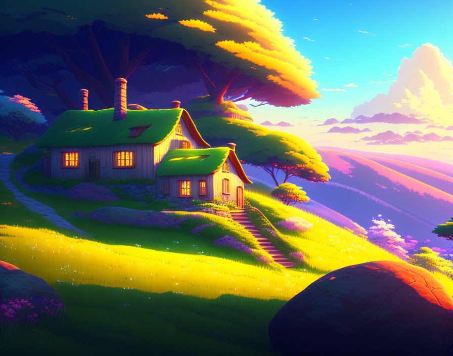 Digital Art: Cozy House on Hilltop at Sunset