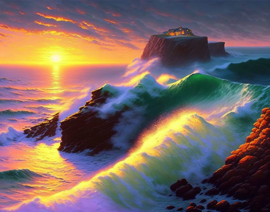 Dramatic sunset over turbulent sea with crashing waves and isolated house on cliff