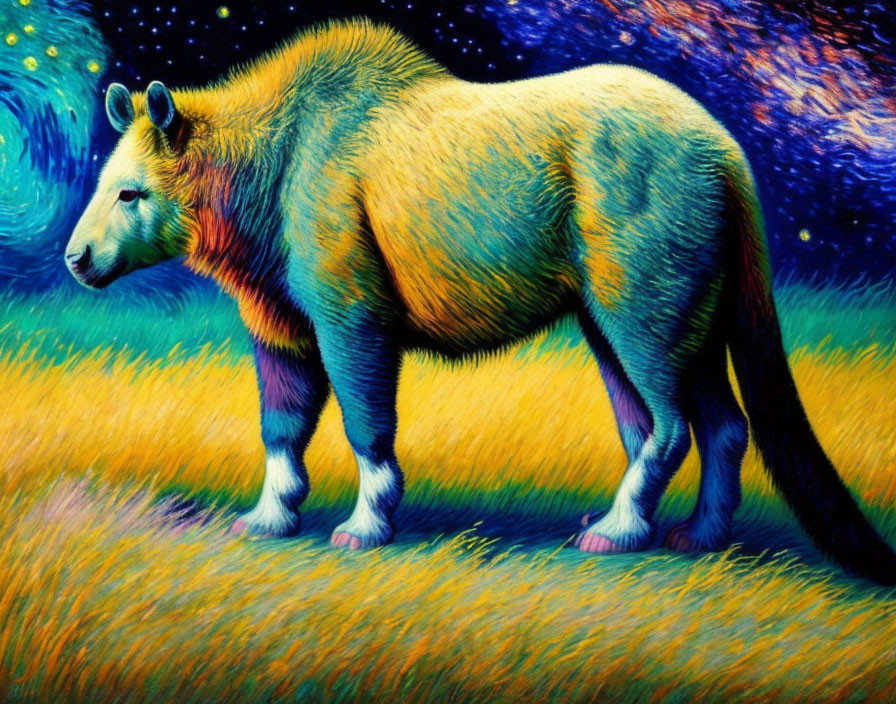 Vibrant bear painting with blue, yellow, and red hues on starry night backdrop