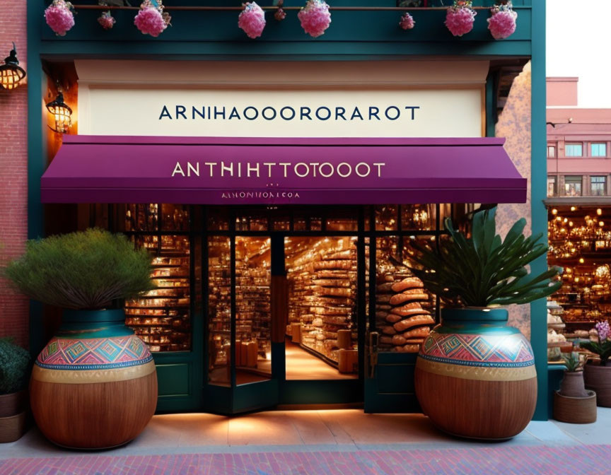 Vibrant bakery storefront with bread display and plants