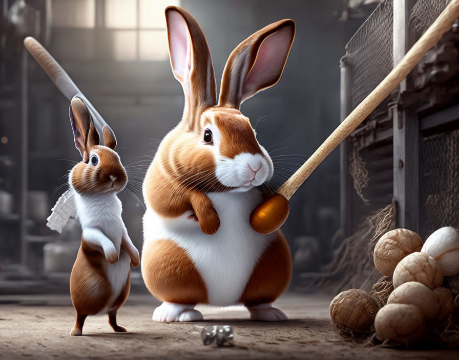 Two animated rabbits with shovel in rustic scene.