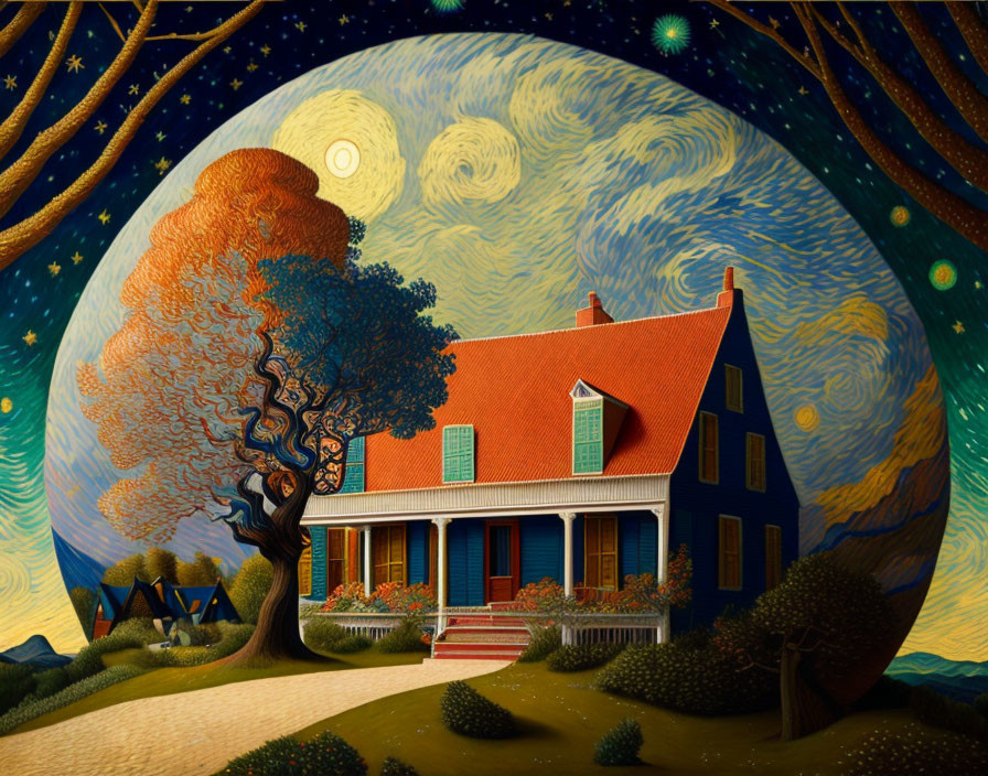 Illustration of cozy house with red roof under starry night sky