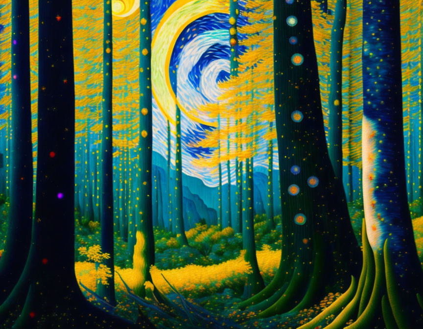 Forest scene merging with swirling Starry Night skies and luminous spots among dark tree trunks and yellow