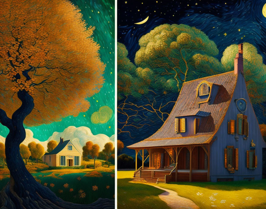 Diptych Illustration: Autumn Tree Day Scene & Cozy Night House