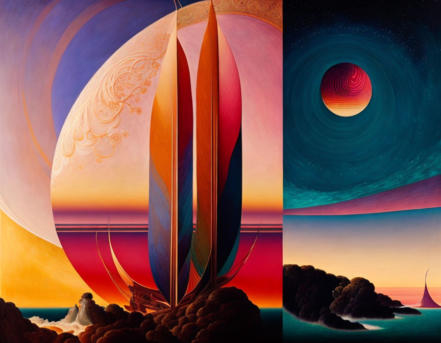 Colorful Triptych Painting of Surreal Landscapes and Celestial Bodies