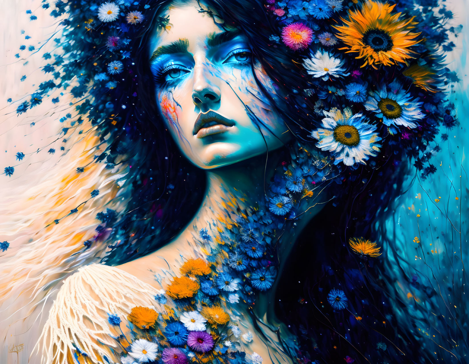 Vibrant blue and orange artwork of a woman with floral elements