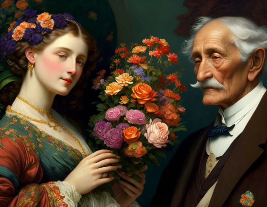 Portrait of young woman and elderly man with floral bouquets