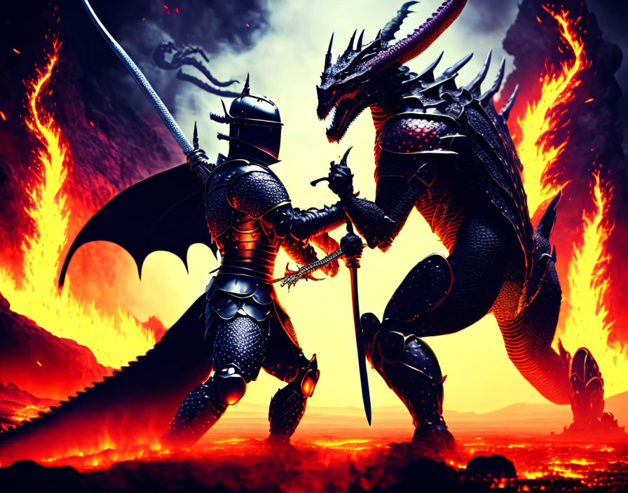 Armored knight faces dragon in volcanic setting