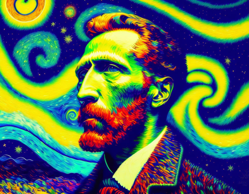 Colorful portrait of bearded man with swirling background.