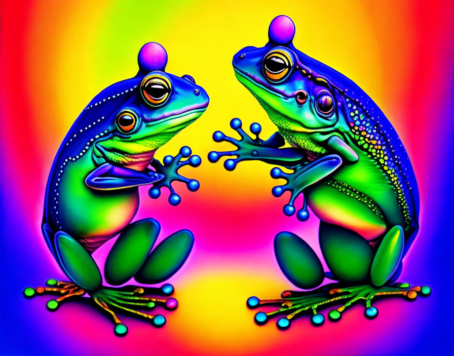 Colorful Frogs with Exaggerated Features on Rainbow Background