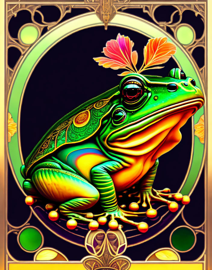 Colorful Art Nouveau Frog Illustration with Decorative Patterns