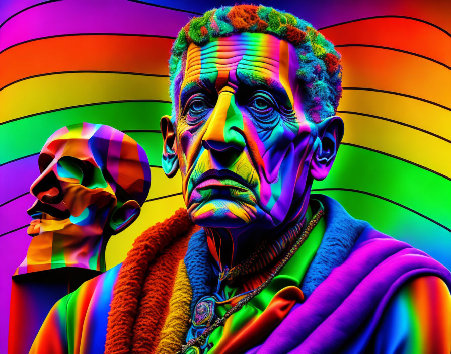 Detailed elderly man's face and stylized skull against vibrant rainbow background