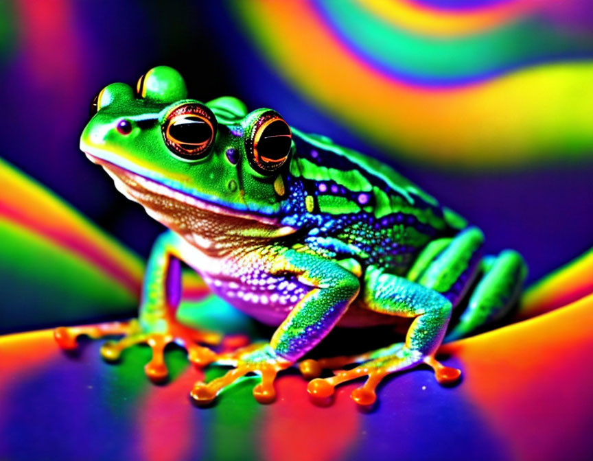 Colorful digitally-enhanced image of a green frog on psychedelic background