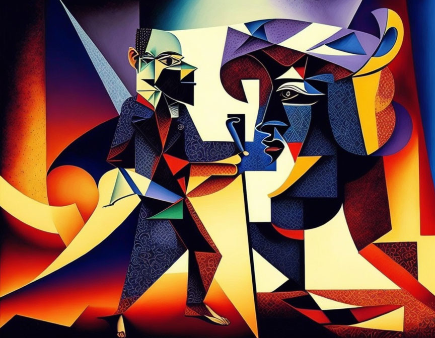 Vibrant Cubist painting of abstract human figures with bold geometric patterns