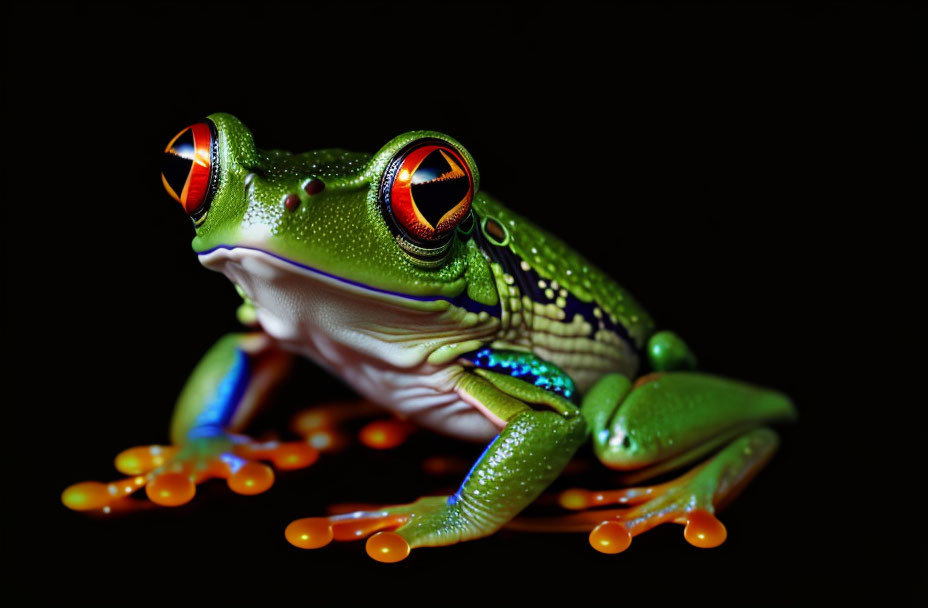 Colorful Frog with Red Eyes and Orange Feet on Dark Background