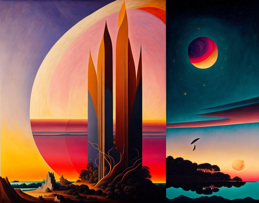 Surreal triptych landscapes with vivid colors and celestial elements