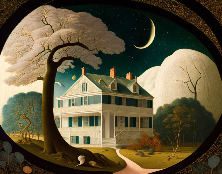 Surreal illustration of large colonial house at night with moon, planets, and ethereal lighting