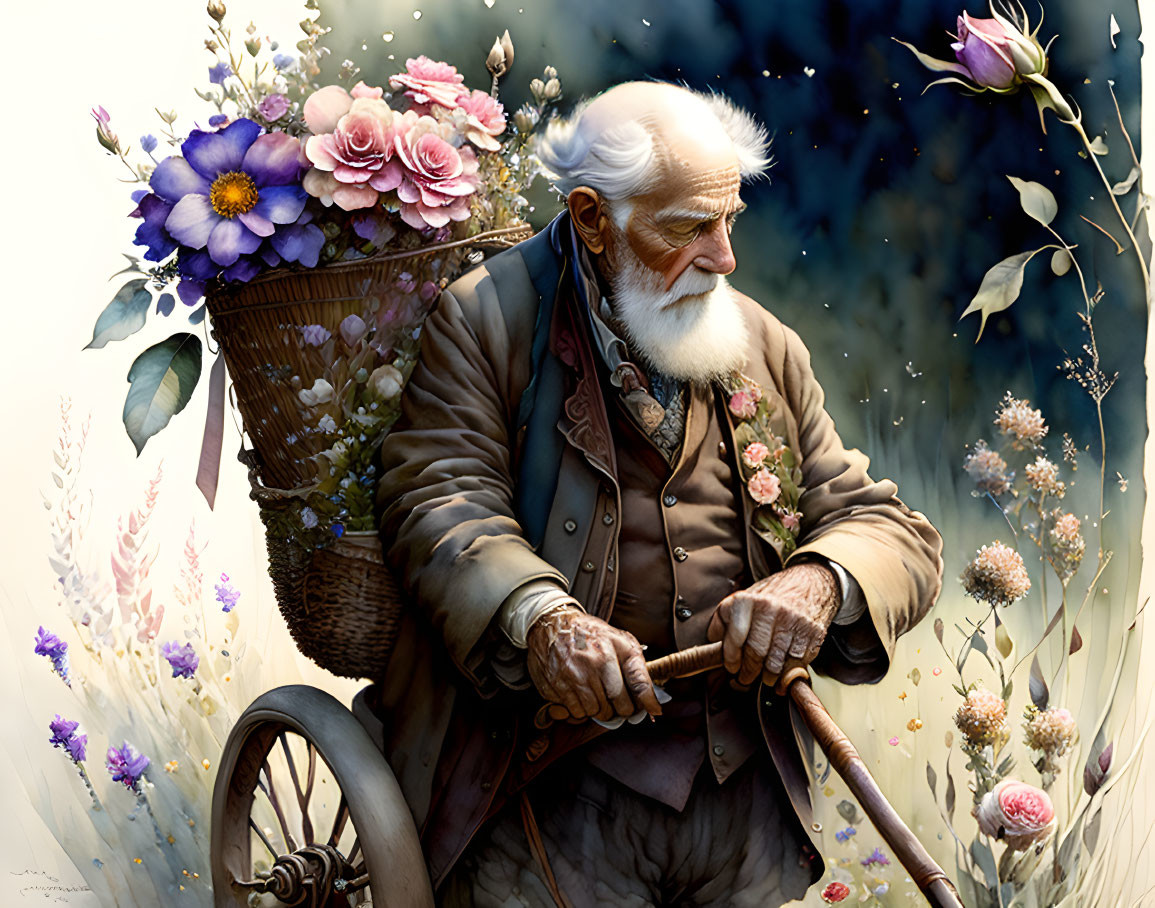 Elderly man with white beard pushing bike through flower-filled meadow