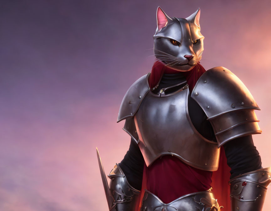 Medieval armor-clad cat under purple sky exudes nobility.