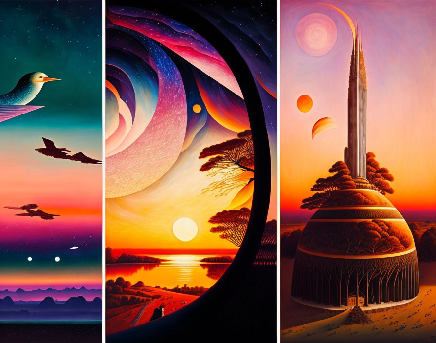 Vibrant Surrealist Paintings: Bird, Cosmic Landscape, Tower & Celestial Bodies