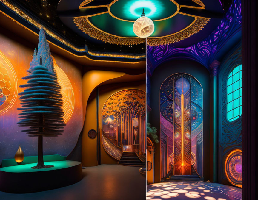 Vibrant interior with spiral staircase, wall patterns, lighting, and futuristic sculpture