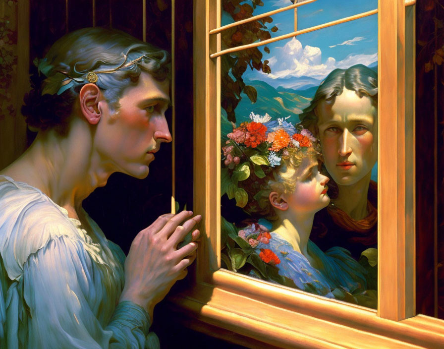 Artwork featuring two women by a window with flowers in hair and serene landscape.