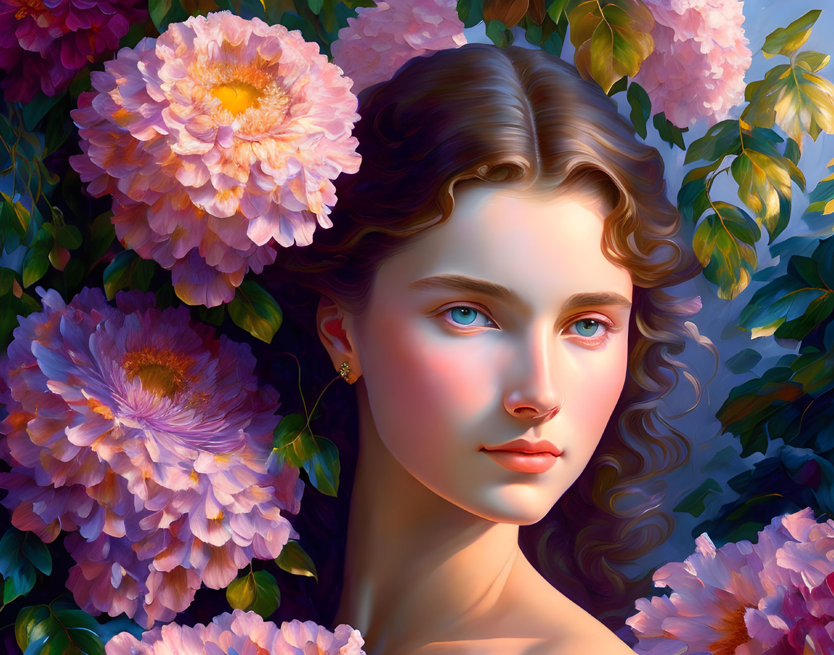 Portrait of woman with blue eyes and curly hair among pink and purple flowers