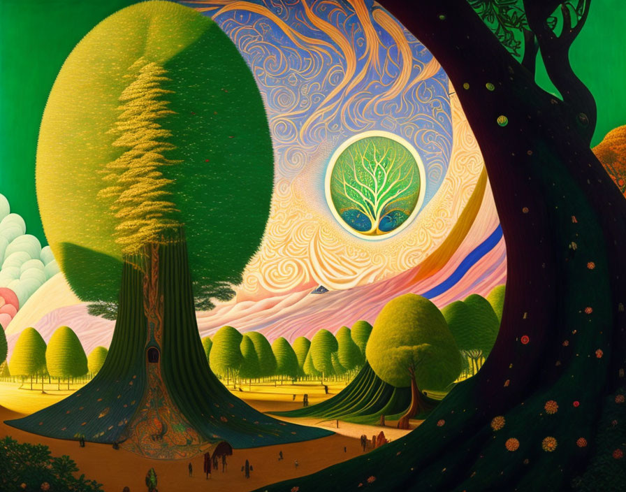 Colorful surreal landscape with swirling trees, moon silhouette, and wandering figures