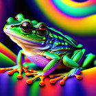 Colorful digitally-enhanced image of a green frog on psychedelic background