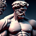 Vividly lit classical statues highlighting intricate facial hair and muscularity