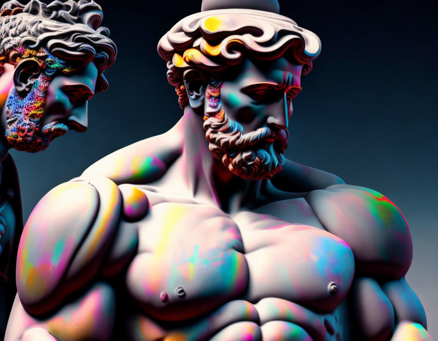 Vividly lit classical statues highlighting intricate facial hair and muscularity