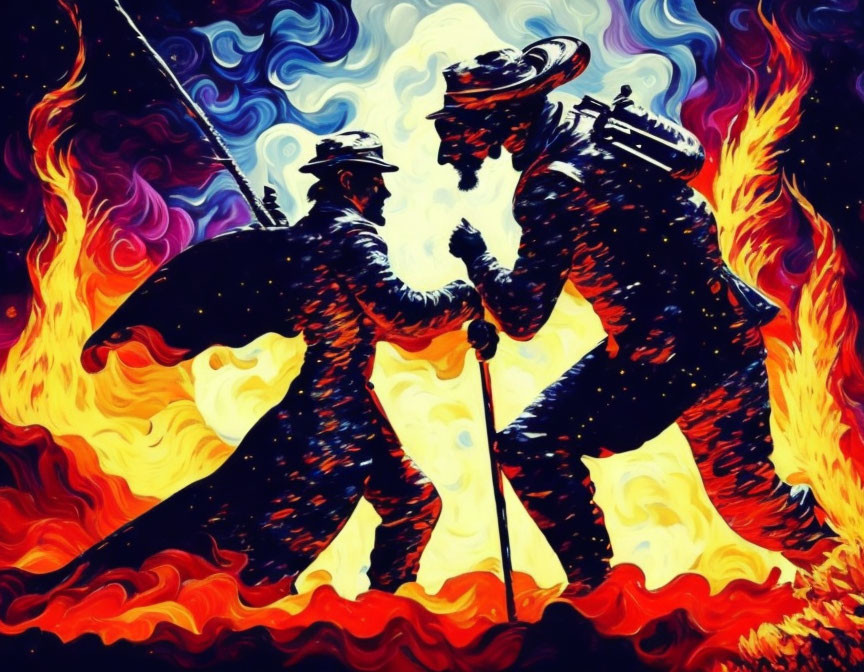 Stylized naval uniform figures in sword fight against vibrant backdrop