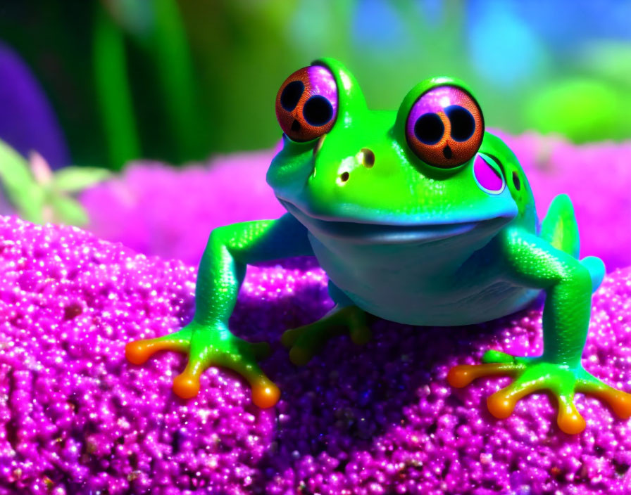 Colorful Toy Frog with Exaggerated Eyes on Purple Surface