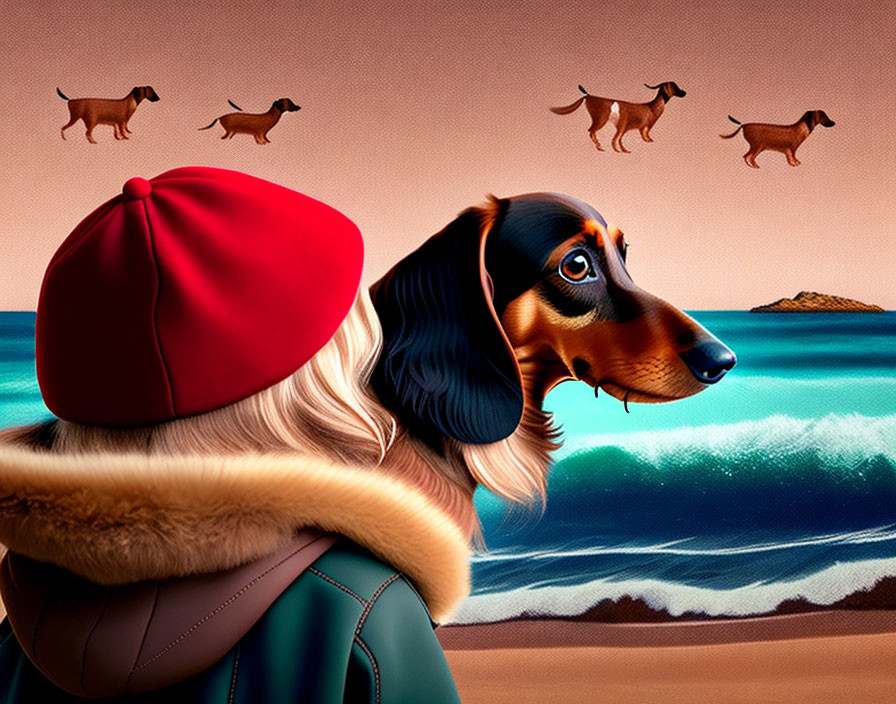 Person and dachshund admire surreal beach with floating dogs