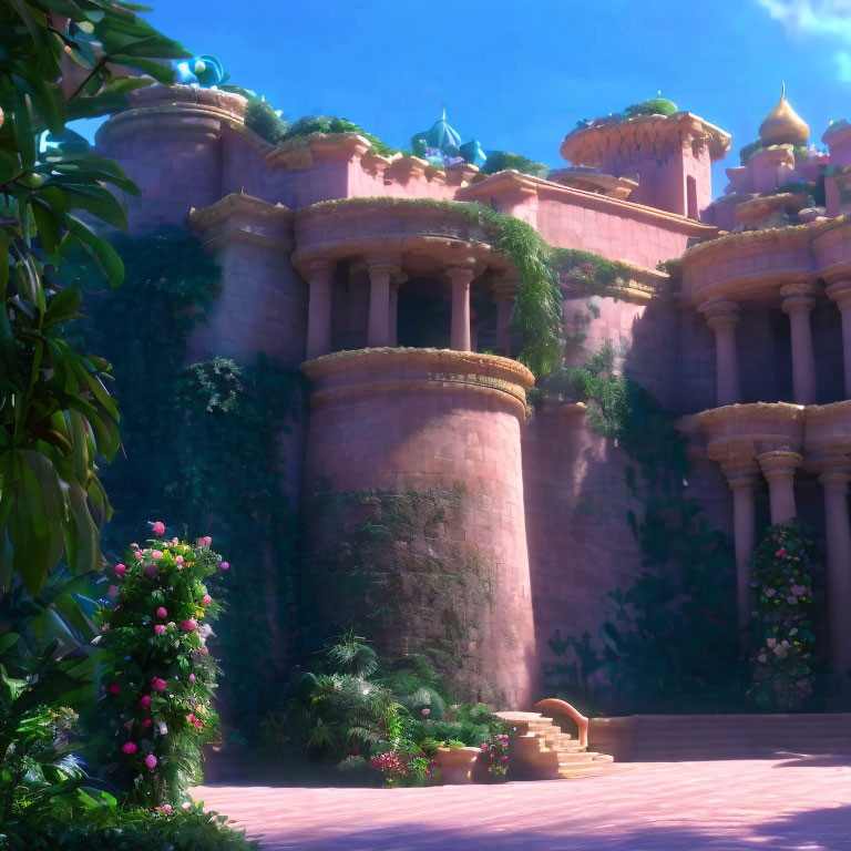 Fantastical pink palace with towering columns in magical setting