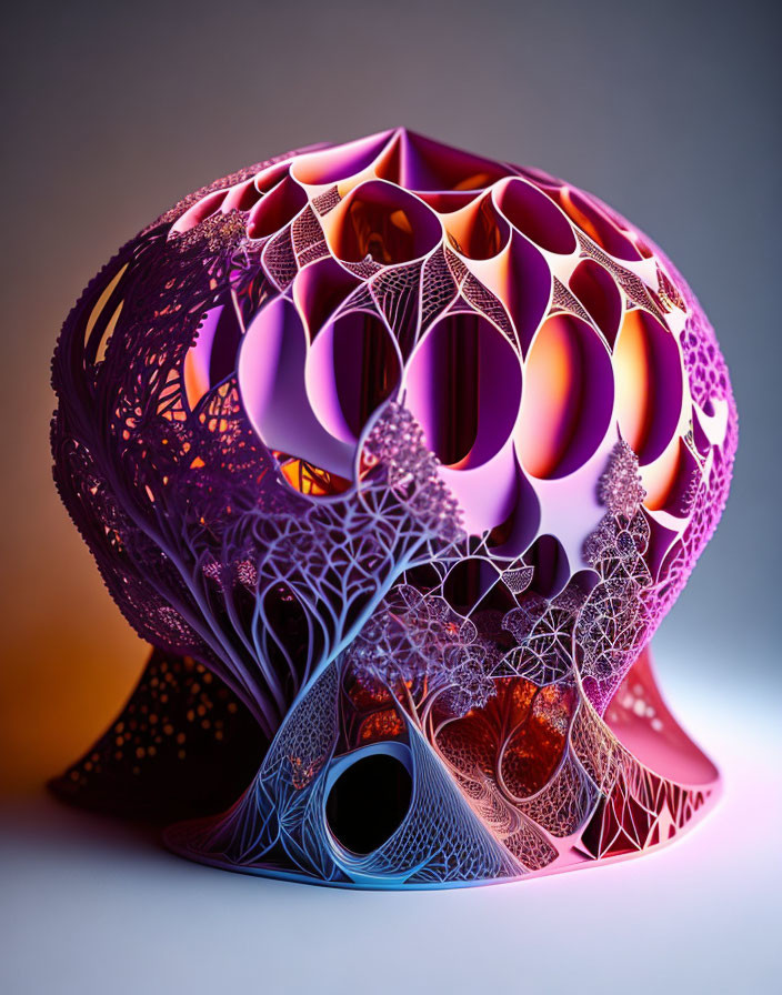 Intricate 3D Printed Sculpture: Vibrant Geometric Patterns, Purple to Orange Gradient