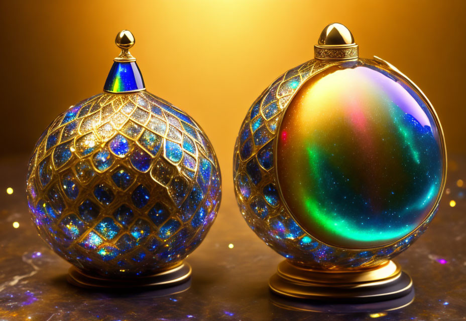 Ornate baubles with intricate designs on glittery golden background