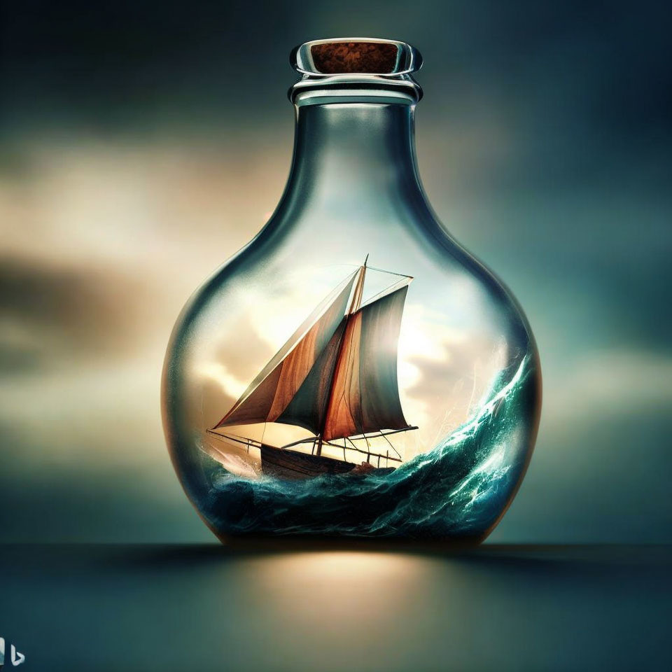 Glass bottle with sailing ship, waves, and moody sky encapsulated.