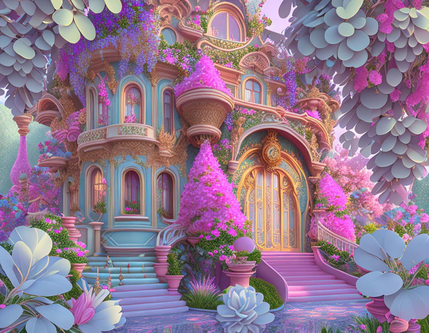 Colorful fairy-tale house with purple flora and golden details