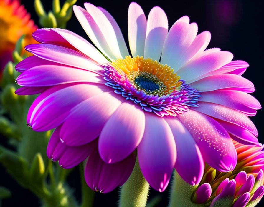 Colorful Gerbera Daisy with Dew Drops on Petals on Dark Background