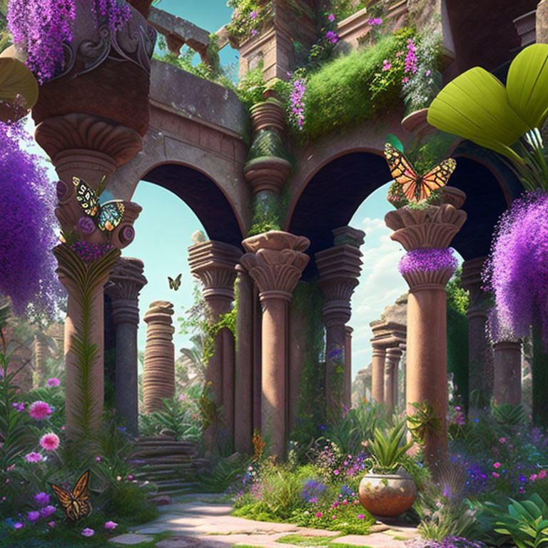 Lush Purple Flora and Colorful Butterflies in Fantasy Garden