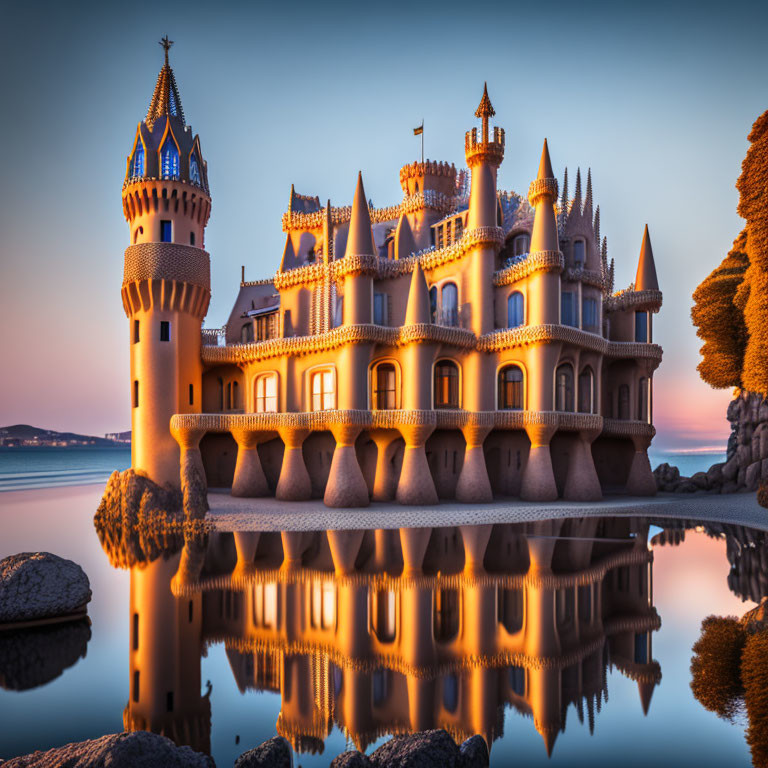 Majestic castle reflected in calm waters at twilight