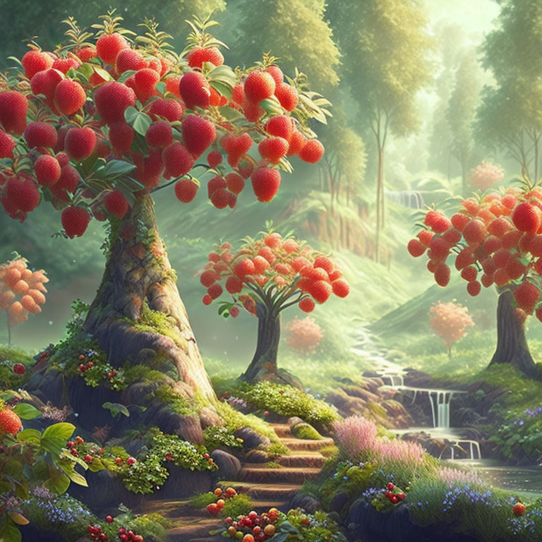 Enchanted forest with oversized strawberries, serene waterfall, and vibrant flora