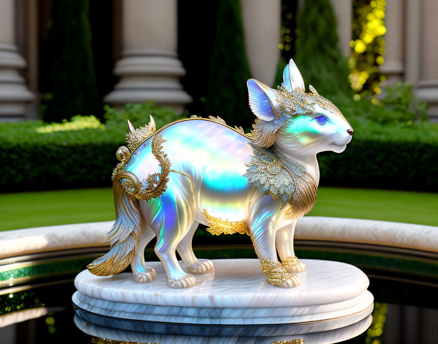 Iridescent cat statue with golden embellishments on white pedestal