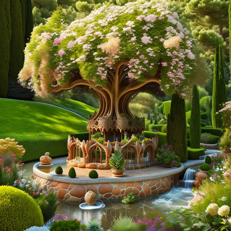 Whimsical treehouse in idyllic fantasy garden