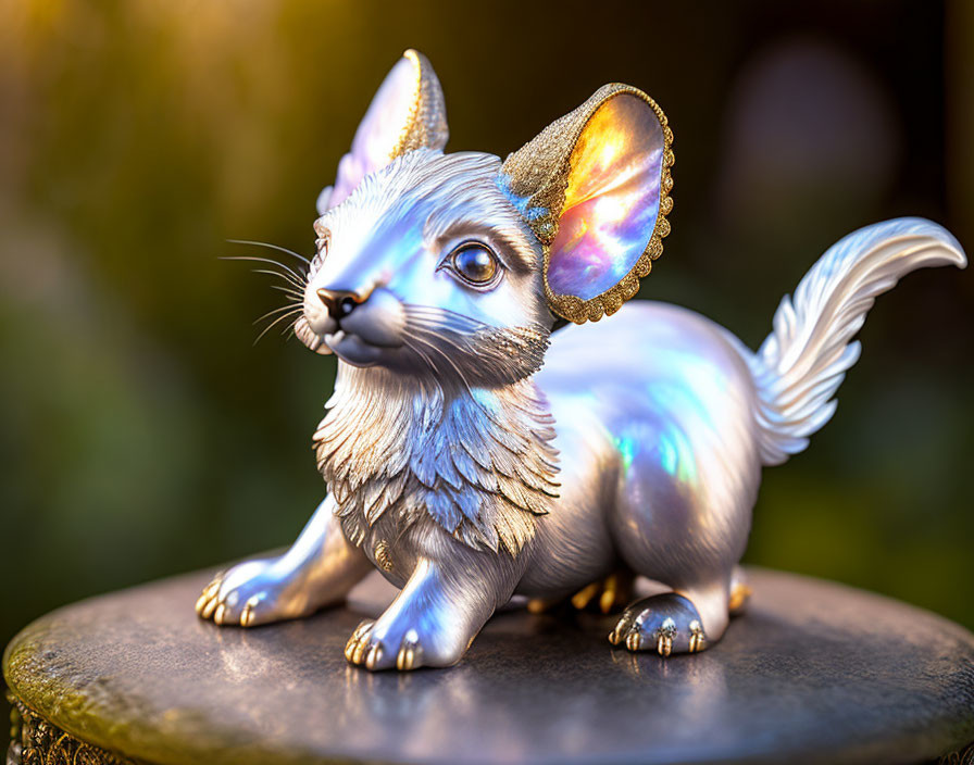 Intricate metallic fox figurine with large ears and bushy tail