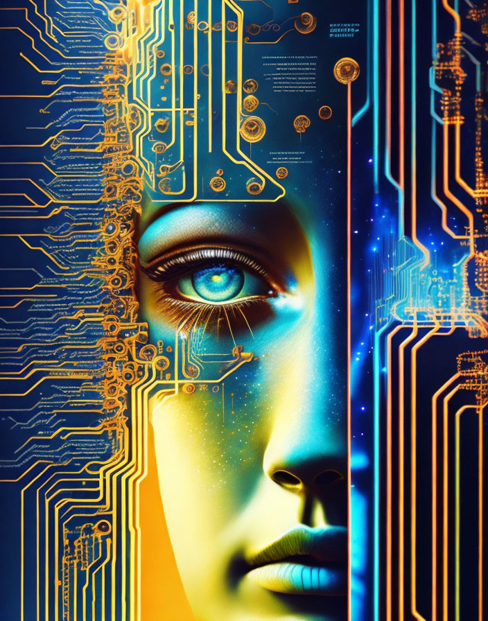 Digital artwork: Woman's face with golden circuitry fusion