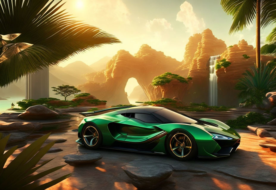 Green sports car parked in rocky terrain with waterfalls and sunset sky